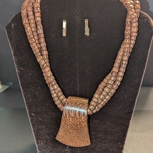 Vintage Handcrafted Brown Beaded Statement Necklace with Wooden Pendant